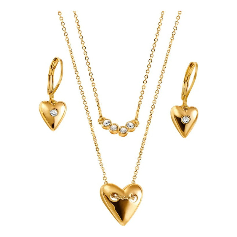 Set Collar + Aretes Corazón Gold Affair Glam Baño De Oro 24k Dorado